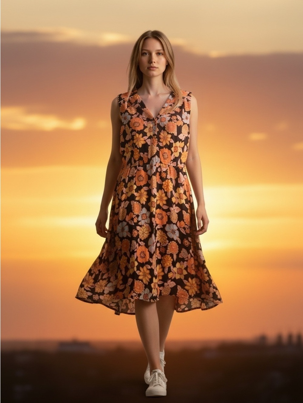 ModCloth Floral Sleeveless Shift Dress Black Orange V-Neck L